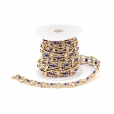 Цепочка декоративная металлическая со стразами, цвет золотой+белые и синие стразы, ширина 20 мм, рулон 5у