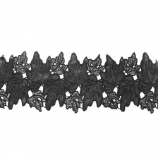 Кружево кожаное, красивая изящная гирлянда из кожаных и прозрачных листьев разных размеров, ширина 115 мм, намотка 10 ярдов, цвет черный