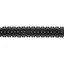 Кружево ажурное, дополненное скрученной капроновой лентой и золотыми бусинами, ширина 55 мм, намотка 15 ярдов, цвет черный