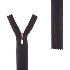 Молния спираль, тип 3, потайная, неразъемная, основа капрон, длина 20 см, цвет 322 (черный), бегунок золотого цвета