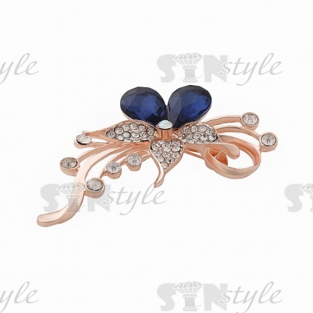 Брошь металлическая со стразами, застежка булавка, цвет золото+белые и синие стразы, размер 34х58 мм фото 2