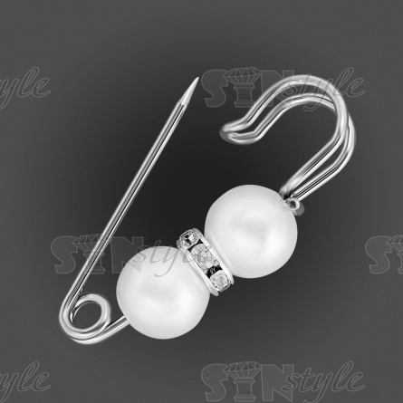 Булавка металлическая со стразами и бусинами, цвет серебро, размер 32х14 мм фото 1