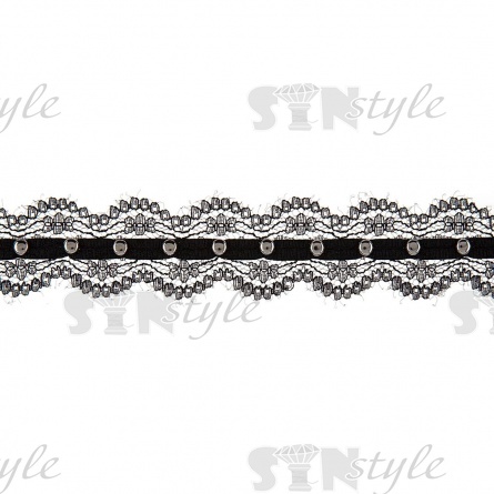 Кружево ажурное, отделанное тесьмой с заклепками,  ширина 25 мм, намотка 15 ярдов, цвет черны+темный никель  фото 1