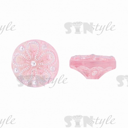 Пуговица пластиковая на полуножке, размер 20L, форма круглая, на шляпке орнамент в виде цветка, цвет розовый прозрачный фото 1