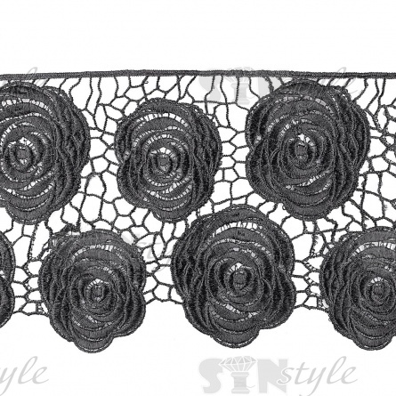 Кружево ажурное, оригинальная объемная гирлянда с крупными цветами, ширина 210 мм, цвет черный, намотка 15 ярдов фото 1
