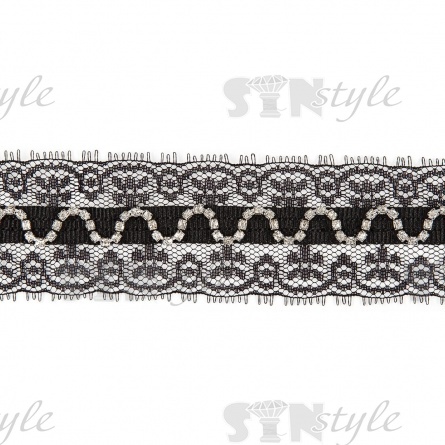 Кружево с отделкой, на кружевной основе черная полоса со стразами зигзагообразной формы по всей длине изделия, ширина 40 мм, намотка 15 ярдов, цвет черный  фото 3