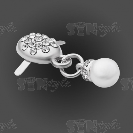 Брошь металлическая, крепление усики, цвет серебро+белые стразы и бусина, размер 30х10 мм фото 2