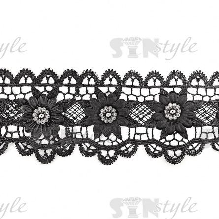 Кружево ажурное с отделкой, на нежной кружевной основе цветочная гирлянда с крупной  стразой в центре каждого цветка, ширина 75 мм, намотка 15 ярдов, цвет черный  фото 2