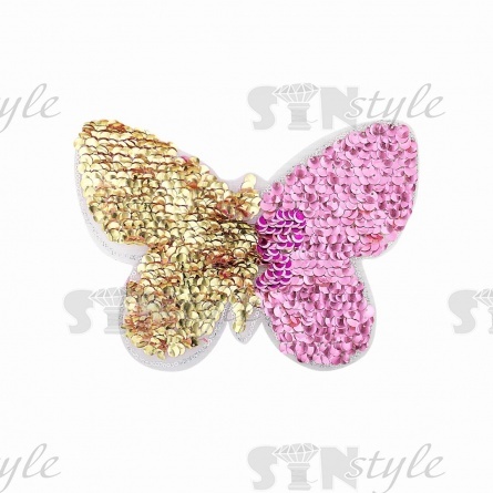 Аппликация на сетке из пайеток "Бабочка", размер 225х165 мм, цвет розовый+золотой фото 3