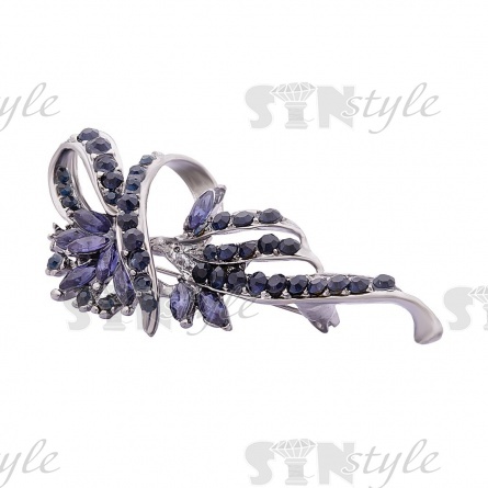 Брошь металлическая со стразами, цвет никель+синие стразы, застежка булавка, размер 25х63 мм фото 2