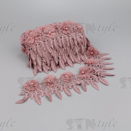 Кружево ажурное с отделкой, нежнейшее тонкое переплетение гирлянды с цветочными мотивами с бусиной в центре цветка, ширина 85 мм, намотка 10 ярдов, цвет старо-розовый  фото 3