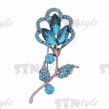 Брошь металлическая со стразами, застежка булавка, цвет никель+бирюзовые стразы, размер 32х64 мм фото 1