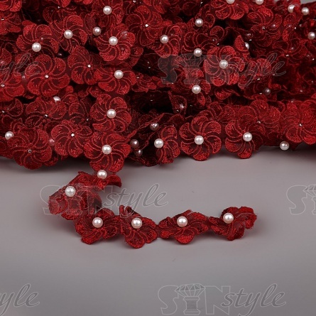 Кружево "Цветочки" на капроновой ленте, ширина 35 мм, цвет бордовый+белые бусины, намотка 20 ярдов фото 1
