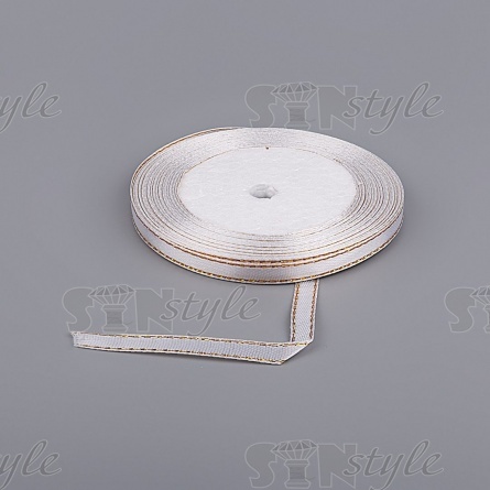Декоративная тесьма отделочная атласная с золотой нитью по всей длине, цвет серый, ширина 7 мм, намотка 25 ярдов фото 1