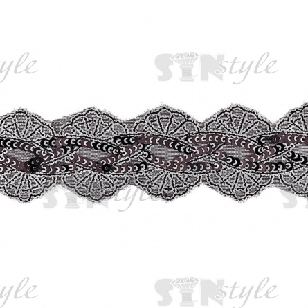 Декоративная тесьма на черной сетке, расшитая черными и серебряными пайетками, ширина 55 мм, намотка 20 ярдов  фото 2