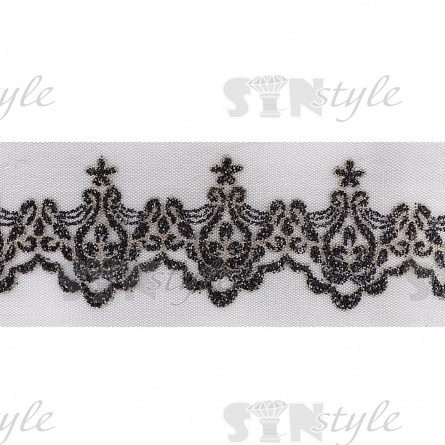 Кружево на черной сетке с золотым и черным глиттером, ширина 90 мм, намотка 15 ярдов фото 1