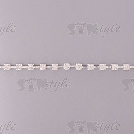Цепочка декоративная металлическая серебряного цвета с белыми стеклянными стразами, ширина 4 мм, рулон 10 ярдов фото 1