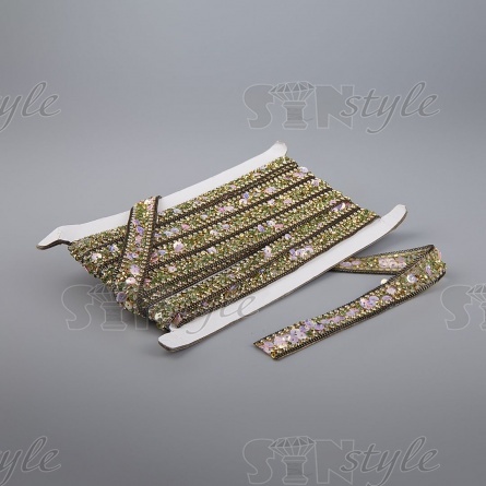 Лента декоративная с пайетками и стразами на термоклеевой основе, цвет зеленый, ширина 15 мм, намотка 5 Y  фото 2