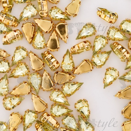 Стразы пришивные акриловые в цапах, форма капля, цвет золото+желто-зеленый, размер 6х10мм, 200 шт/уп. фото 3