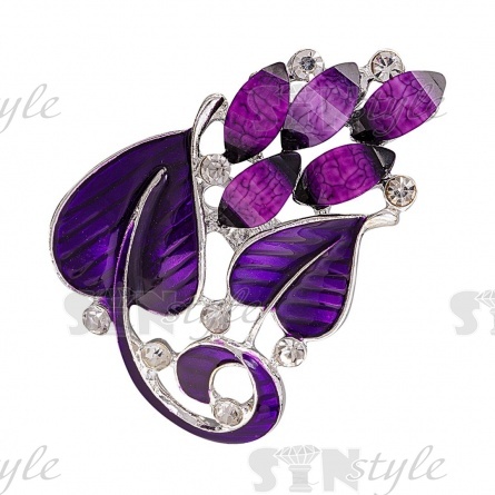 Брошь металлическая, застежка булавка, размер 32х45 мм, цвет серебряный+фиолетовая эмаль+белые стразы фото 1