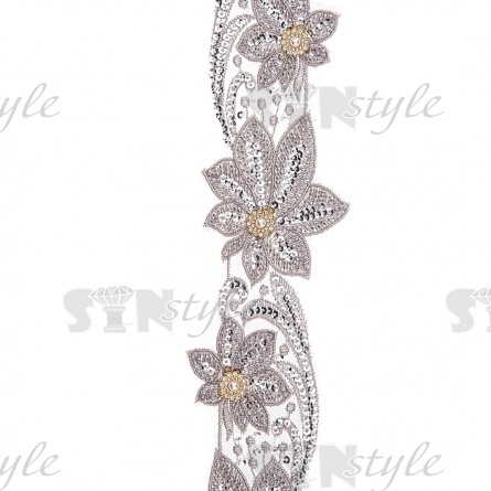 Кружево на сетке с цветочным орнаментом, расшитое пайетками, микробисером и стразами, ширина 100 мм, цвет серебряный, намотка 10 ярдов  фото 1