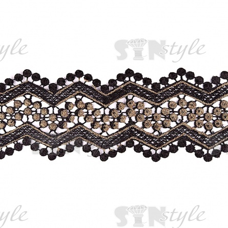 Кружево ажурное двустороннее, интересное двухцветное переплетение с зигзагообразным краем, ширина 90 мм, цвет черный+золото, намотка 15 ярдов фото 1