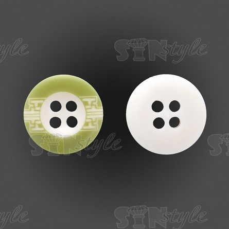 Пуговица пластиковая на четыре прокола, размер 24L, цвет белый с салатовым фото 1