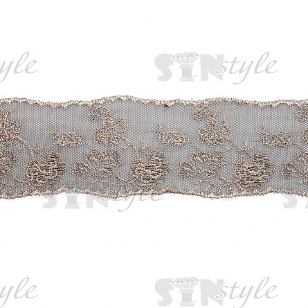 Кружево на черной сетке с вышивкой грязно-розового цвета, ширина 85 мм, намотка 10 ярдов фото 1