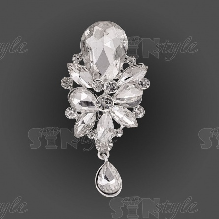 Брошь с подвеской, застежка булавка, цвет серебряный+белые стразы, размер 36х80 мм фото 1