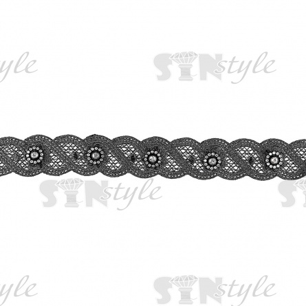 Кружево ажурное с отделкой, на тонком нежном переплетении стилизованной косичке белые стразы в виде цветочков по всей длине изделия, ширина 30 мм, намотка 15 ярдов, цвет черный фото 2