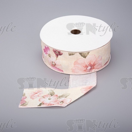 Декоративная лента с цветочным принтом, цвет бежевый, ширина 40 мм, намотка 20 ярдов фото 1