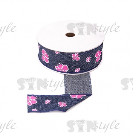 Джинсовая лента с цветочным принтом красного цвета, ширина 40 мм, намотка 20 ярдов фото 1