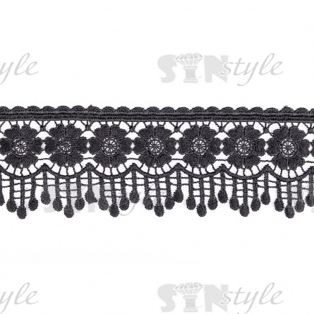 Кружево ажурное, нежная цветочная гирлянда с причудливым узором и резными краями, ширина 65 мм, цвет черный, намотка 15 ярдов фото 1