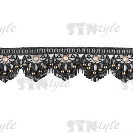 Кружево ажурное с золотыми люверсами, бусинами и белыми стразами, ширина 60 мм, намотка 15 ярдов, цвет черный фото 2