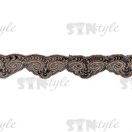 Декоративная тесьма на черной сетке, расшитая черными и золотыми пайетками, ширина 35 мм, намотка 20 ярдов  фото 2