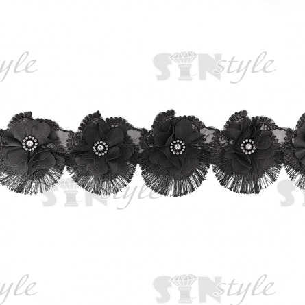 Кружево Цветочное, красивая цветочная гирлянда на капроновой основе с нежным розовым бутоном в центре цветка и с короткой бахромой по краю изделия, намотка 10 ярдов, размер 75 мм, цвет черный фото 2
