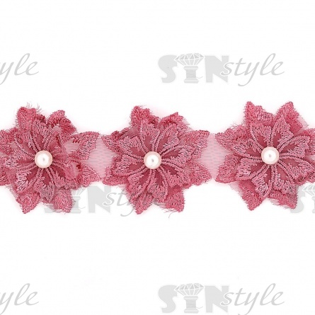 Кружево "Цветочки" украшено бусиной , на капроновой ленте, ширина 55 мм, цвет старо-розовый, намотка 20 ярдов фото 3