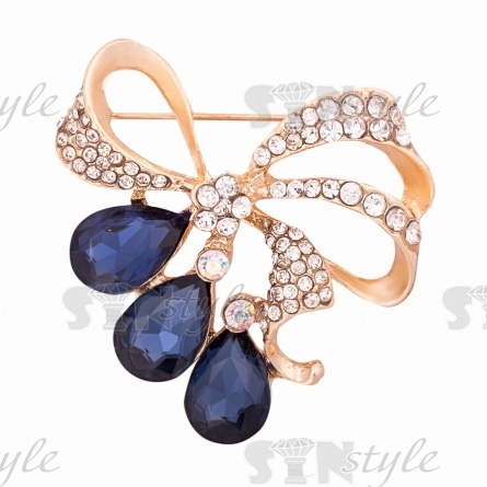 Брошь металлическая со стразами, застежка булавка, 40х43 мм, цвет золотой+белые и темно-синие стразы фото 1