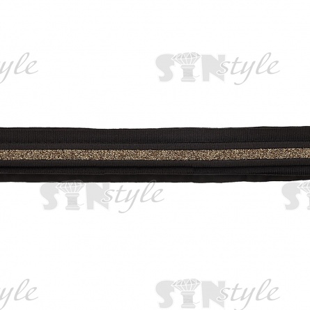 Декоративная тесьма отделочная с полоской из металлизированной золотой нити, цвет черный, ширина 38 мм, намотка 15 ярдов фото 1