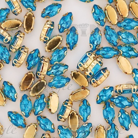 Стразы пришивные акриловые в цапах, форма лодочка, цвет золото+голубой, размер 5х10 мм, 200 шт/уп фото 3