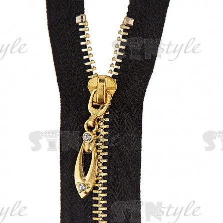 Молния металлическая, тип 5, неразъемная, длина 18 см, цвет 322 (черный), звенья золотистые, бегунок золотистый со стразами фото 2