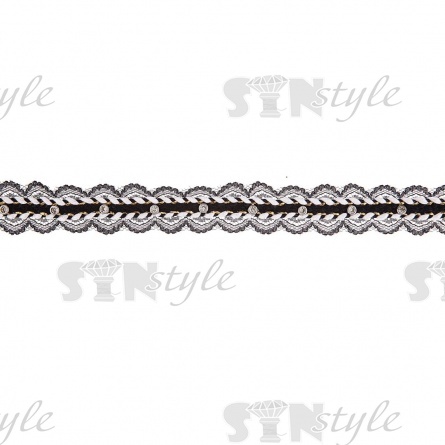 Тонкое черное кружево, украшенное черным и белым шнуром, с люрексом и стразами, ширина 30 мм, намотка 15 ярдов  фото 1