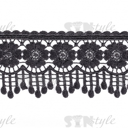 Кружево ажурное, нежная цветочная гирлянда с причудливым узором и резными краями, ширина 65 мм, цвет черный, намотка 15 ярдов фото 2