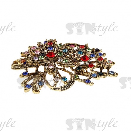 Брошь со стразами, застежка булавка, размер 50х65 мм, цвет бронзовый+разноцветные стразы фото 2