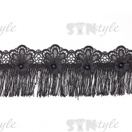 Кружево ажурное с отделкой, на нежной  кружевной основе россыпь цветов с бусиной в центре и тонкой бахромой по всей длине, ширина 80 мм, намотка 10 ярдов, цвет черный  фото 1