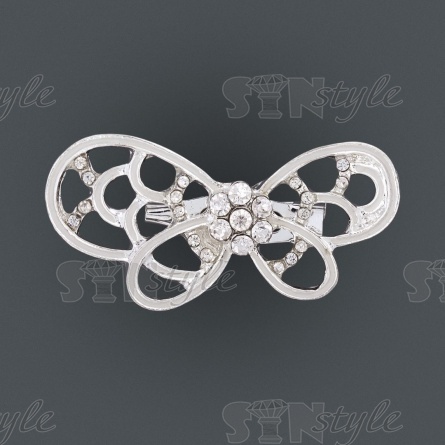 Брошь металлическая со стразами, застежка булавка, цвет никель+белые стразы, размер 40х20 мм фото 1