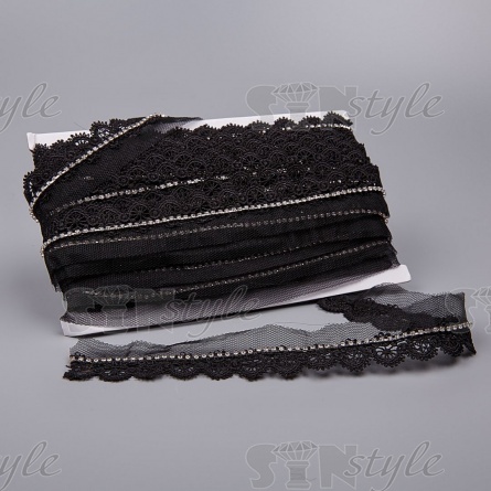 Кружево ажурное со стразами, ширина 30 мм, цвет черный, стразы белые, намотка 15 ярдов  фото 3