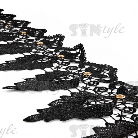 Кружево ажурное с отделкой, нежная кружевная гирлянда из полуцветочков и листьев с люверсами по всей длине издели, ширина 14 мм, намотка 15 ярдов, цвет черный фото 5