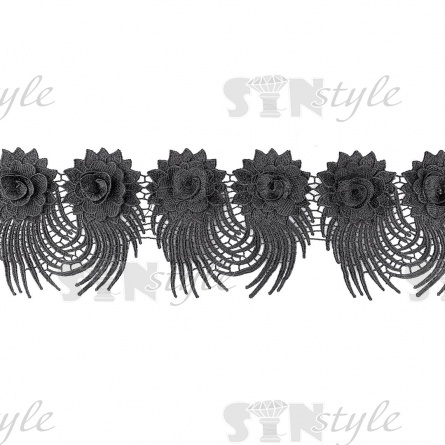 Кружево "Цветочное", красивая цветочная гирлянда из объемных цветов и длинным резным краем, ширина 130 мм, цвет черный, намотка 15 ярдов фото 1