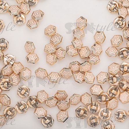 Пуговица пластиковая на ножке, 20L, в форме шестигранника, золотая основа с белой эмалью фото 3